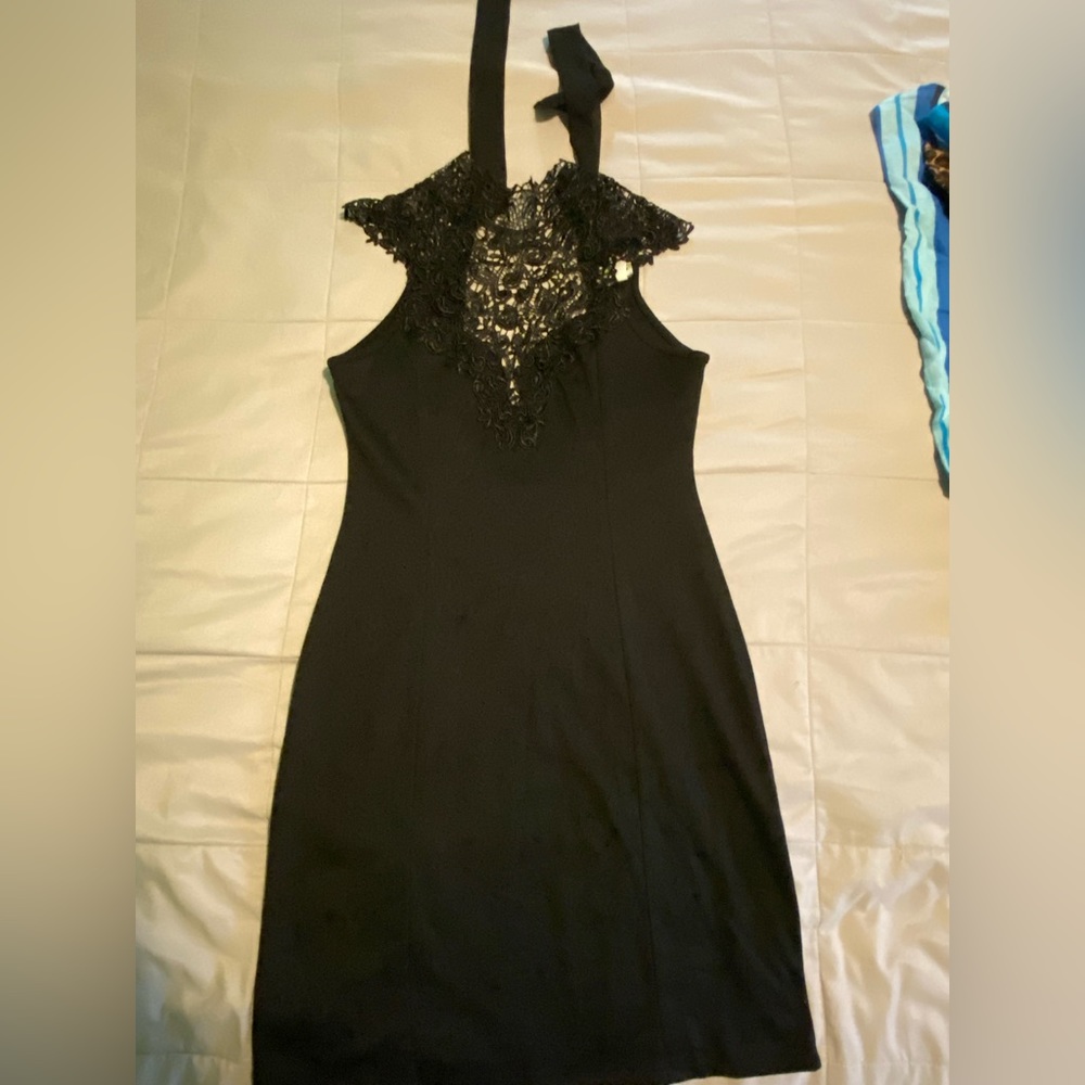 Black Modcloth Celine Lace Panel Halter Top Mini Dress Size L